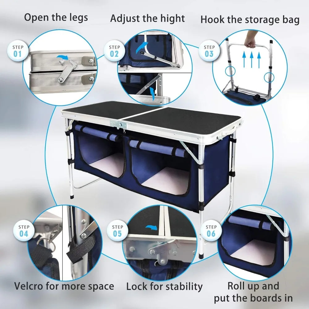 Outdoor Folding Aluminum Table – Lightweight, Adjustable with Storage Organizer