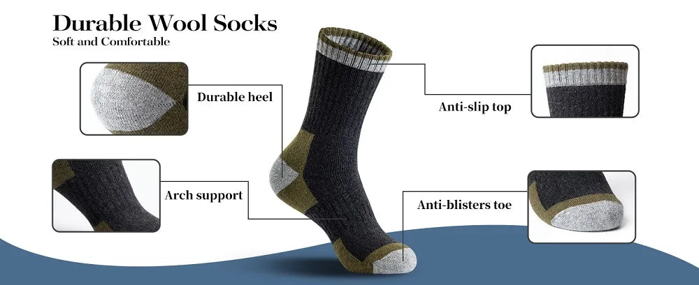 5 Pairs Men’s Merino Wool Hiking Socks
