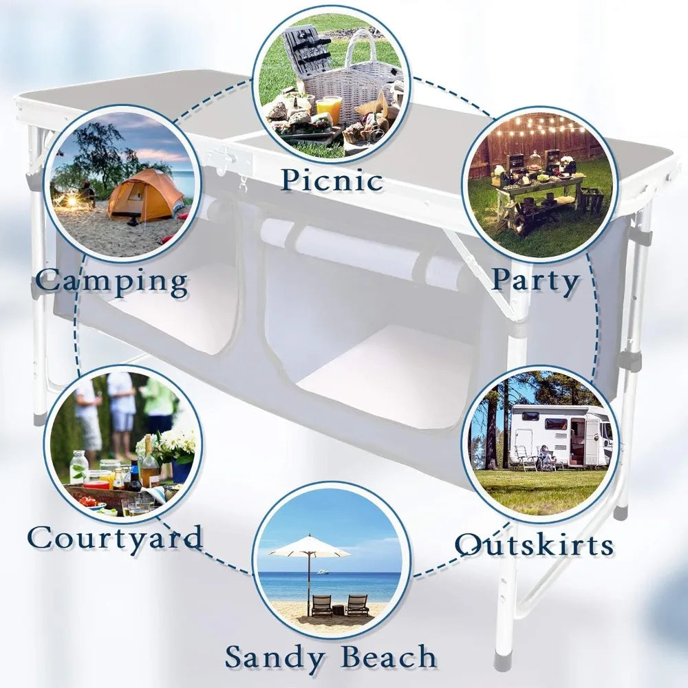 Outdoor Folding Aluminum Table – Lightweight, Adjustable with Storage Organizer