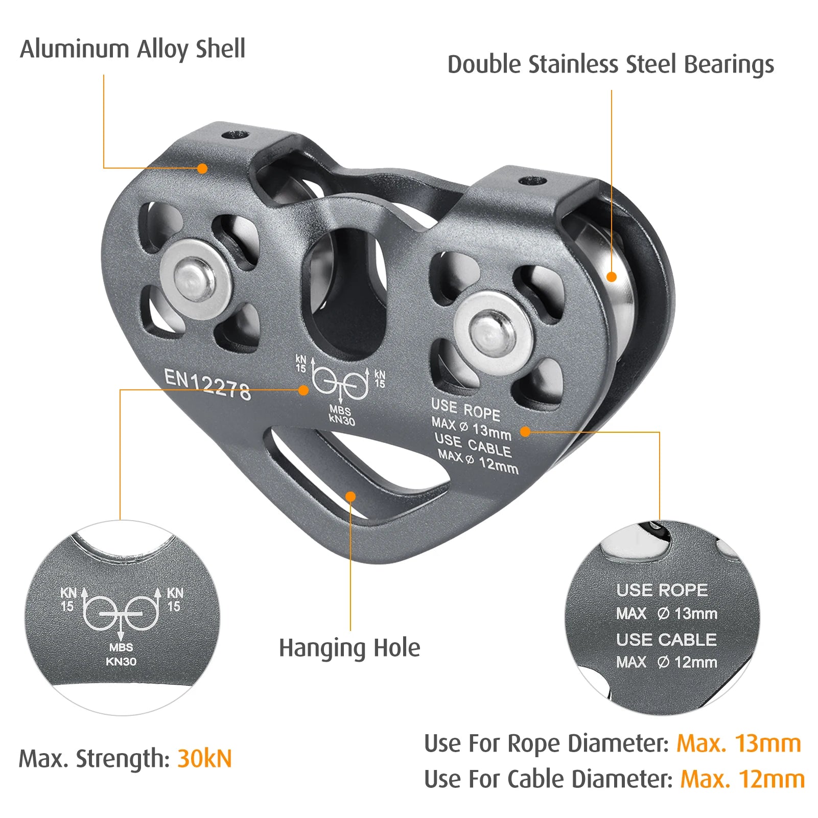 Lixada 30kN Climbing Pulley – Cable Trolley with Ball Bearing for Rescue & Work