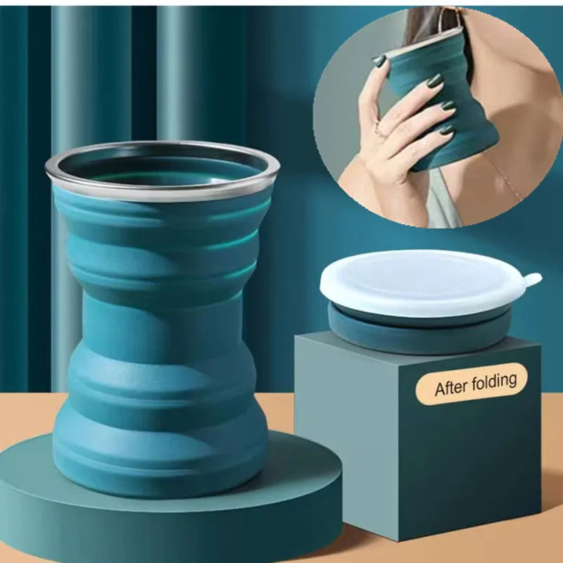 Portable Silicone Foldable Travel Cup with Lid & Lanyard