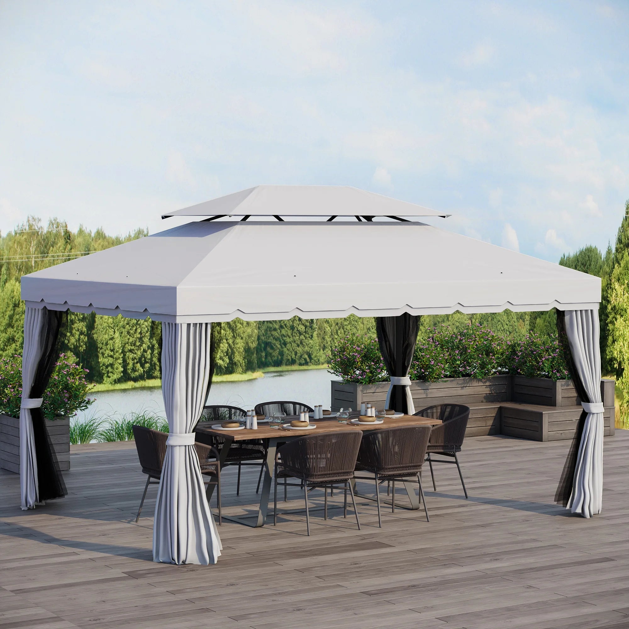 10' x 13' Aluminum Patio Gazebo with Mesh Netting & 2-Tier Roof – Light Gray