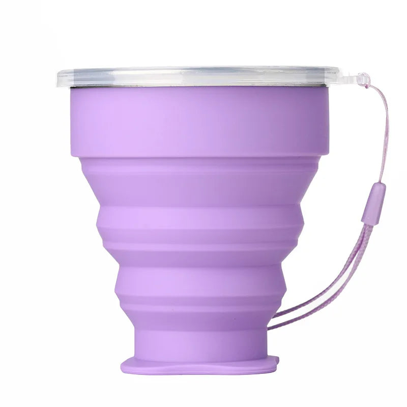 Portable Silicone Foldable Travel Cup with Lid & Lanyard