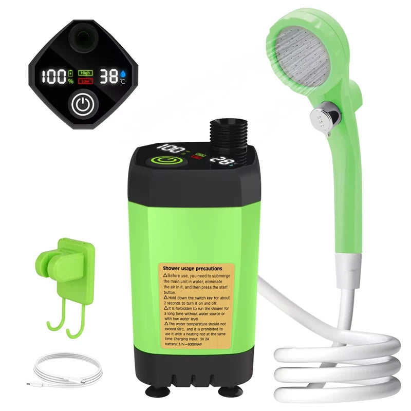 Camping Shower Pump with Digital Display – RV Outdoor Shower Kit, 6000mAh Rechargeable