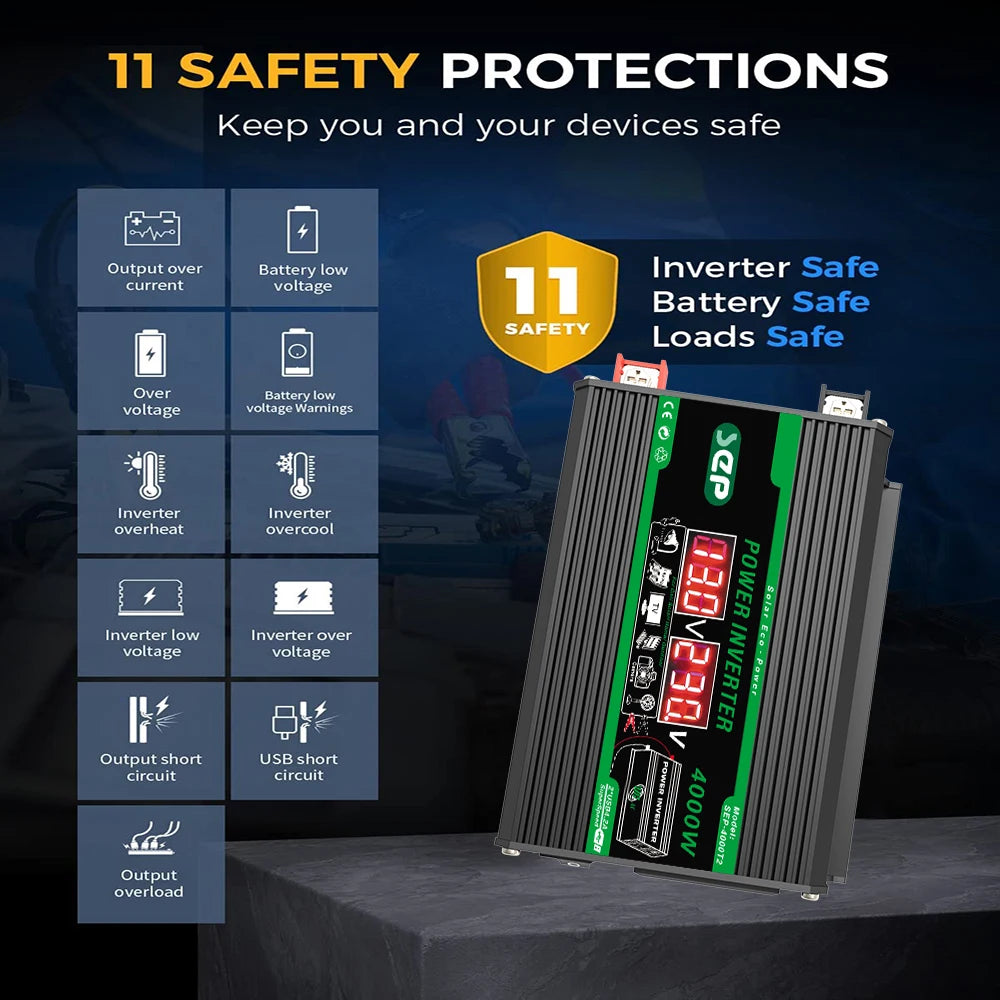 4000W Dual LCD Solar Inverter – 12V DC to 110V/220V AC Power Converter