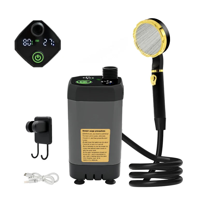 Camping Shower Pump with Digital Display – RV Outdoor Shower Kit, 6000mAh Rechargeable