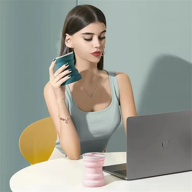 Portable Silicone Foldable Travel Cup with Lid & Lanyard