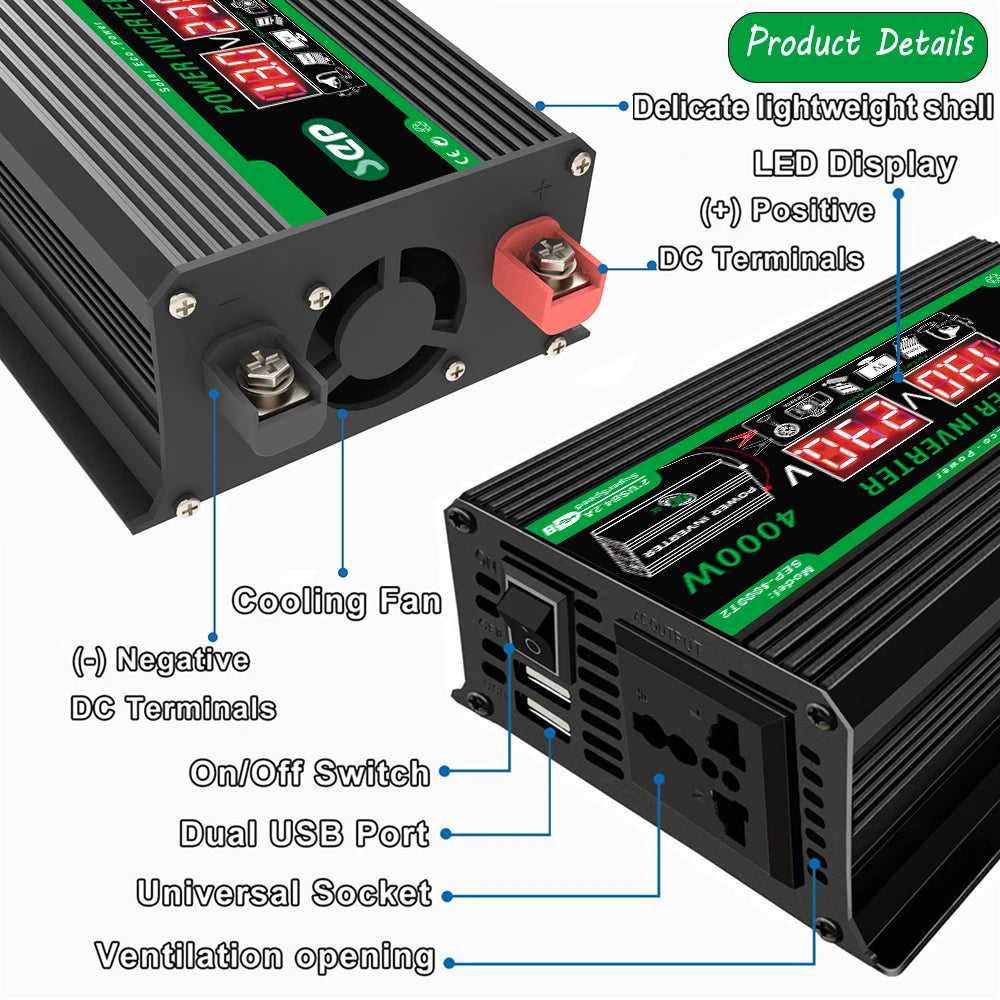 4000W Dual LCD Solar Inverter – 12V DC to 110V/220V AC Power Converter