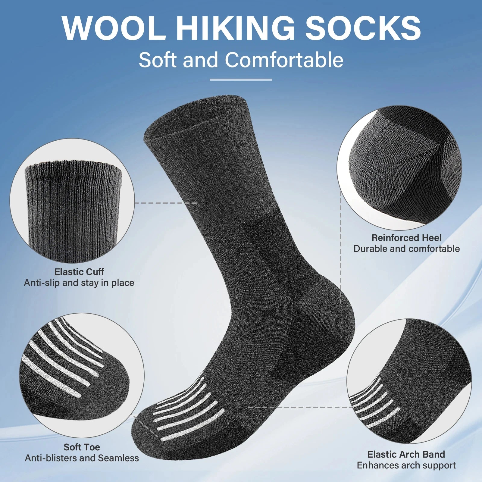 5 Pairs Men’s Merino Wool Hiking Socks