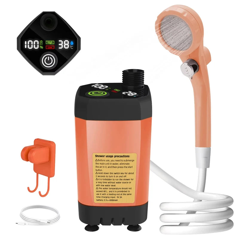 Camping Shower Pump with Digital Display – RV Outdoor Shower Kit, 6000mAh Rechargeable