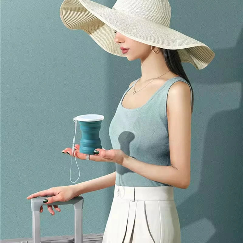 Portable Silicone Foldable Travel Cup with Lid & Lanyard