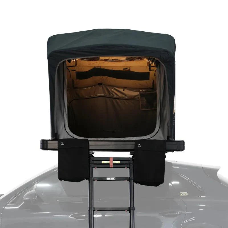 Roof top tent attached to a car with ladder on a white background