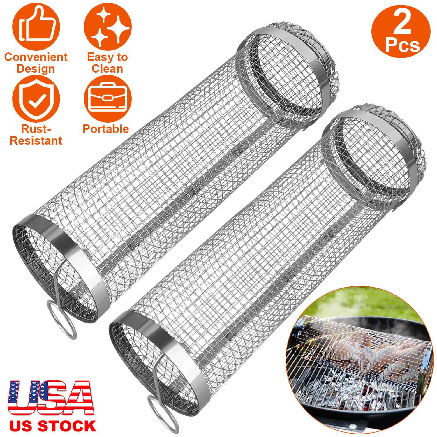 BBQ Rolling Basket – 2-Pack Stainless Steel Grill Mesh Tubes with Removable Cover
