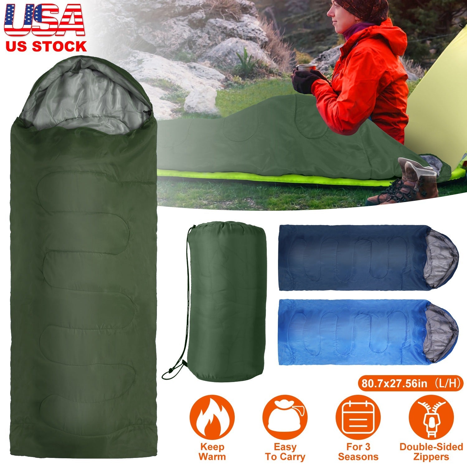 3-Season Sleeping Bag – Lightweight & Moisture-Proof, 32°F–50°F Rated