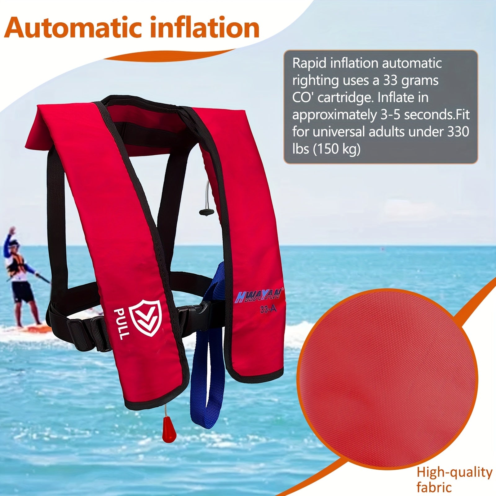 HWAYAN 607-Red Automatic Inflatable Life Jacket – Adjustable, 330 lbs Capacity