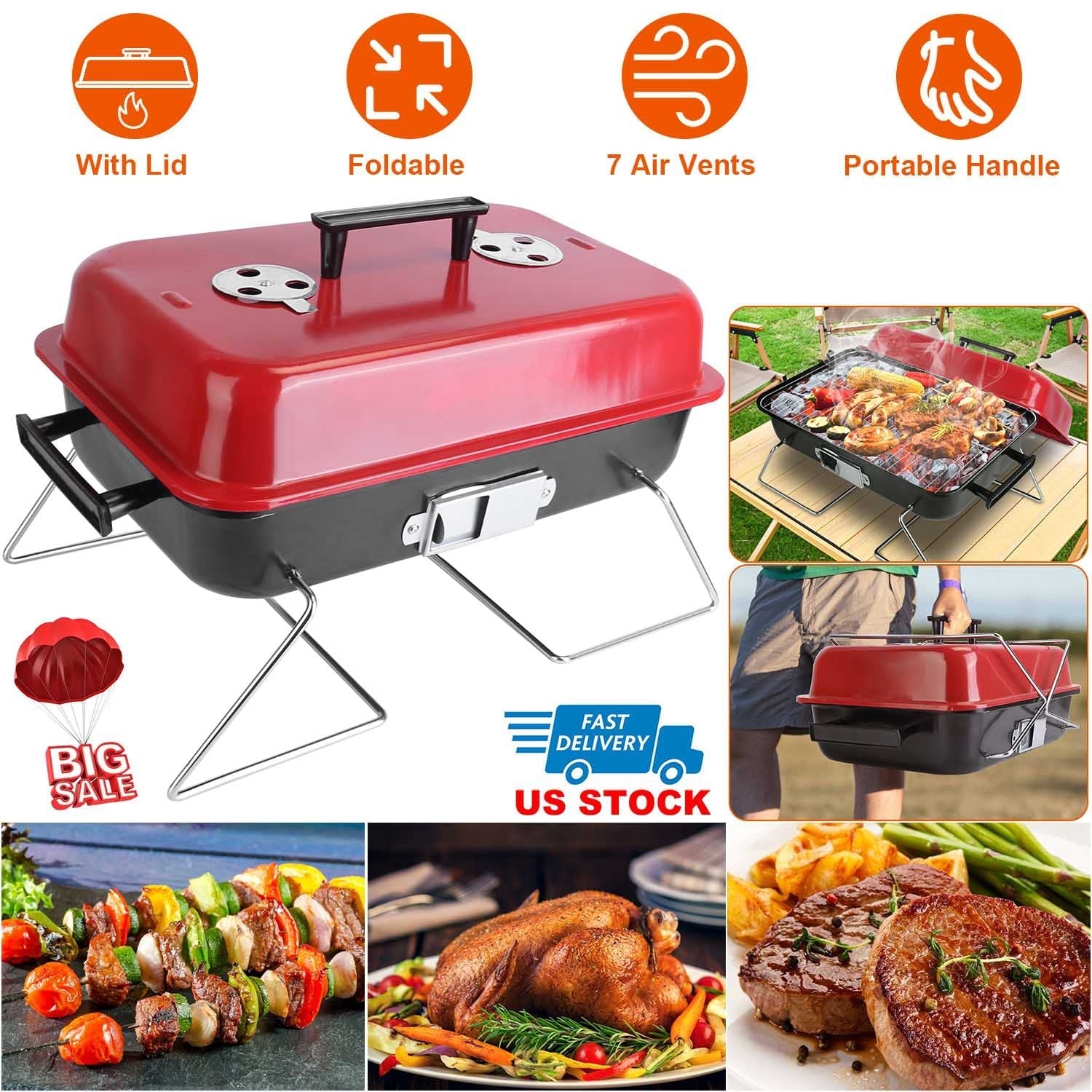 Portable Charcoal Tabletop Grill – Folding BBQ Smoker with Lid