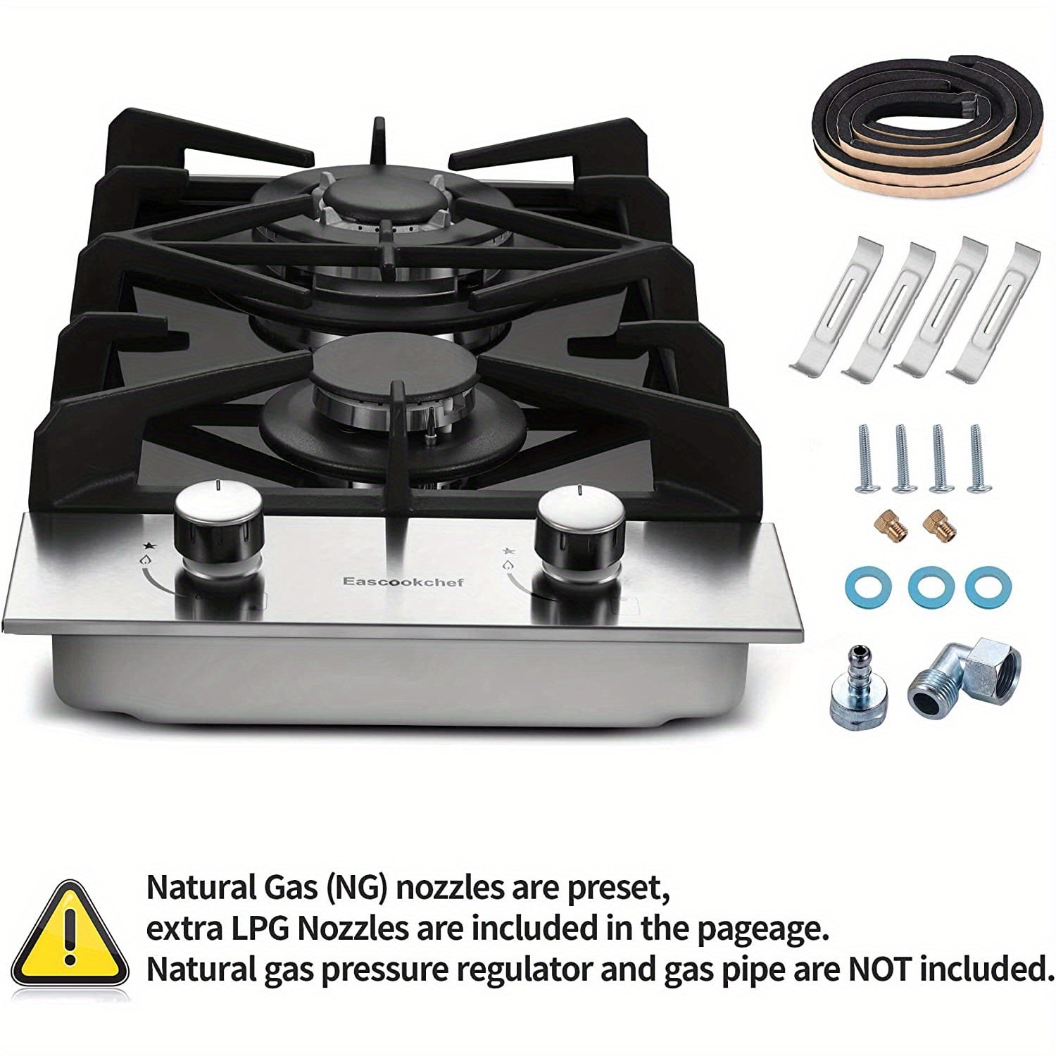 12" 2-Burner Gas Cooktop – LPG/NG Dual Fuel, Tempered Glass, Thermocouple Safety