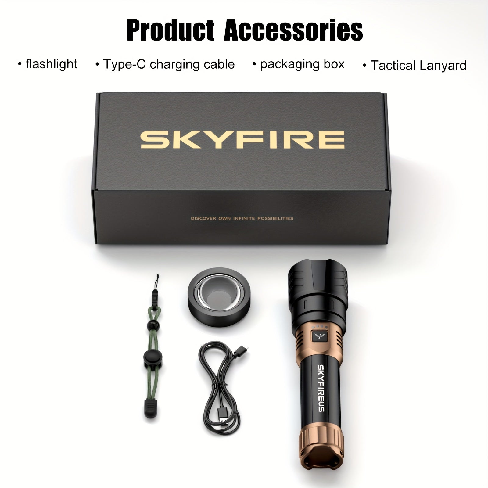 SKYFIRE High-Lumen Rechargeable LED Flashlight – Zoomable, 4 Modes