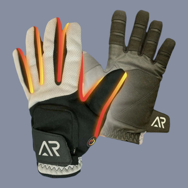 Pair of gloves with red and yellow accents on a gray background