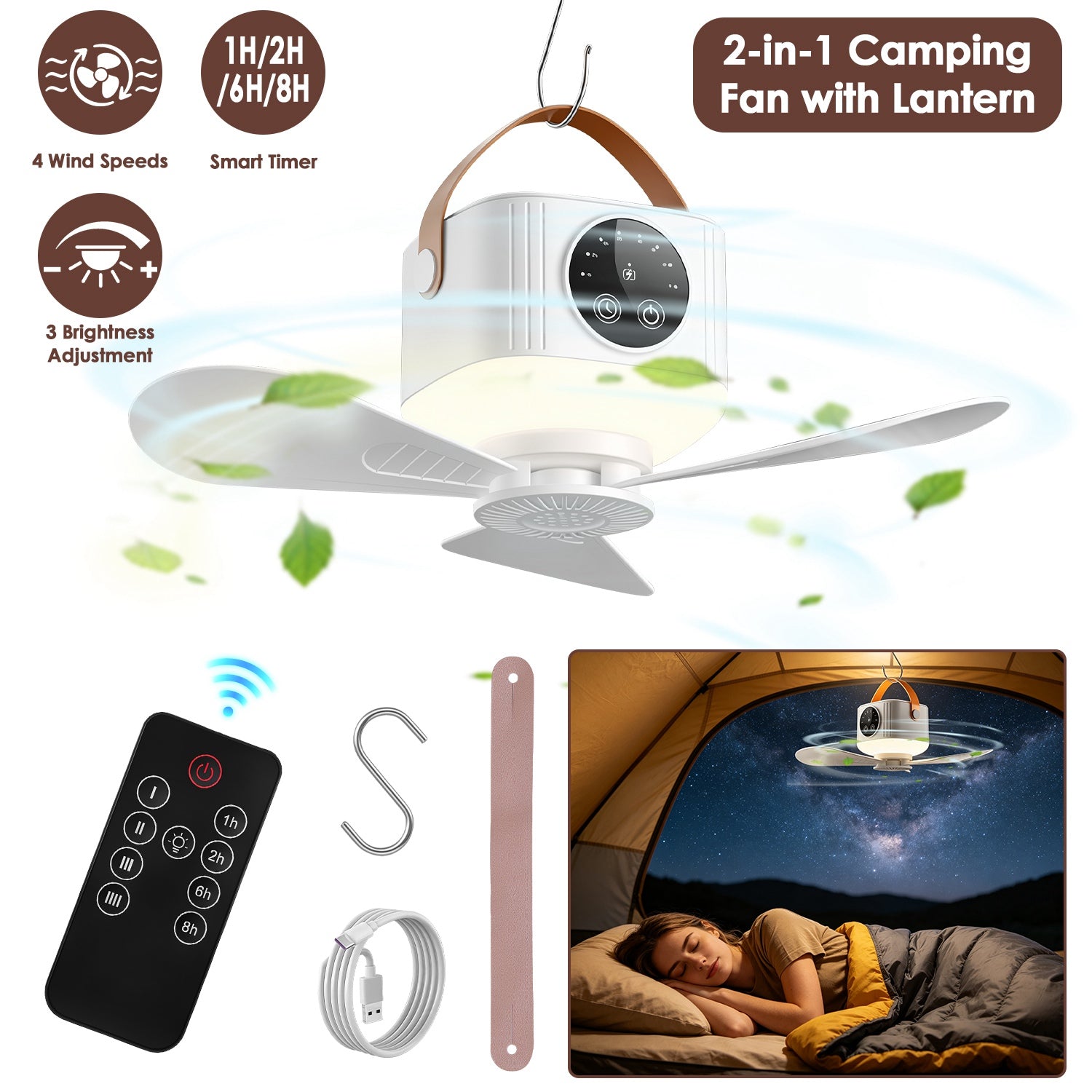 Rechargeable Tent Ceiling Fan with LED Light & Remote Control – 7200mAh