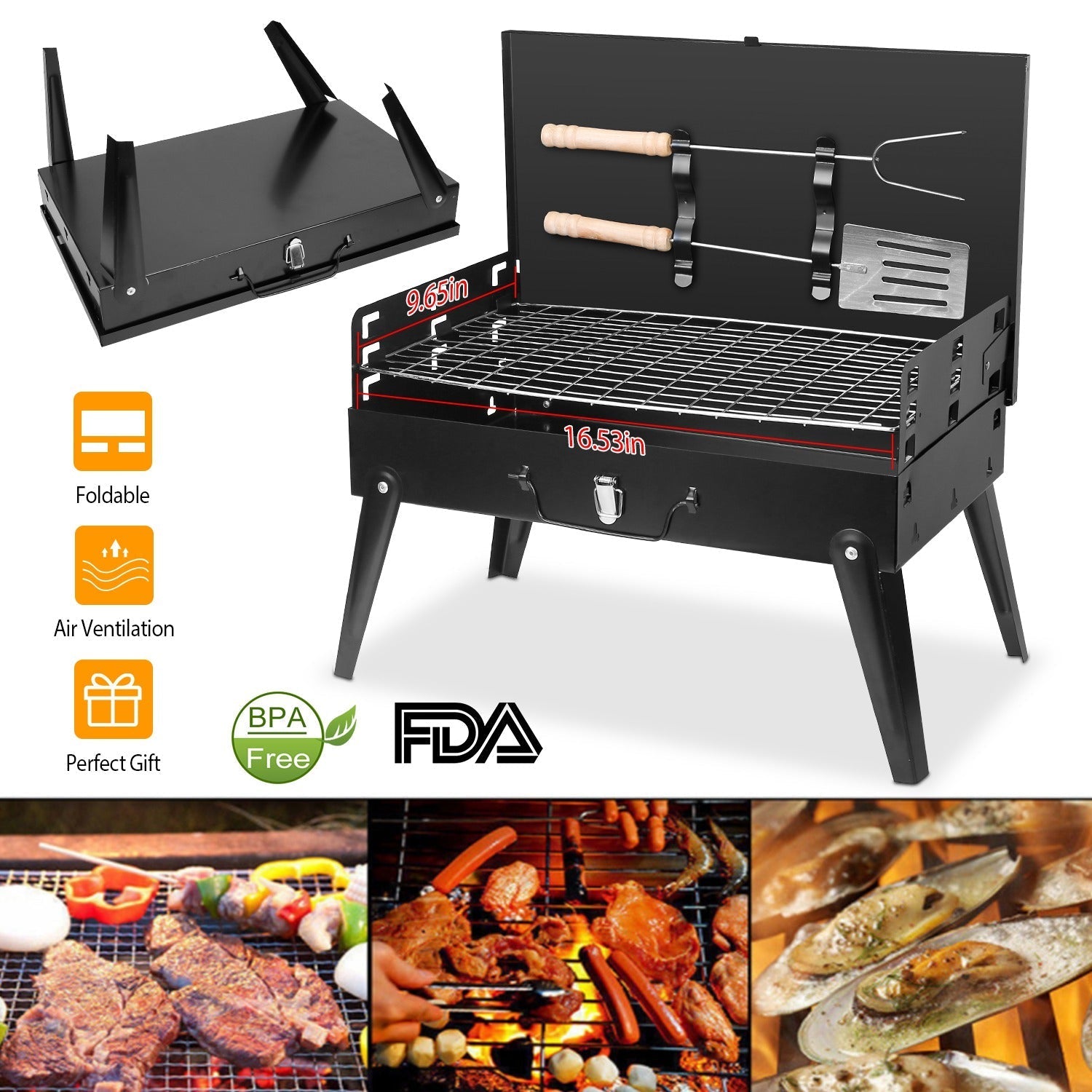 Portable Charcoal BBQ Suitcase Grill – Foldable with Shelf, 16.7" x 10" x 17.7"