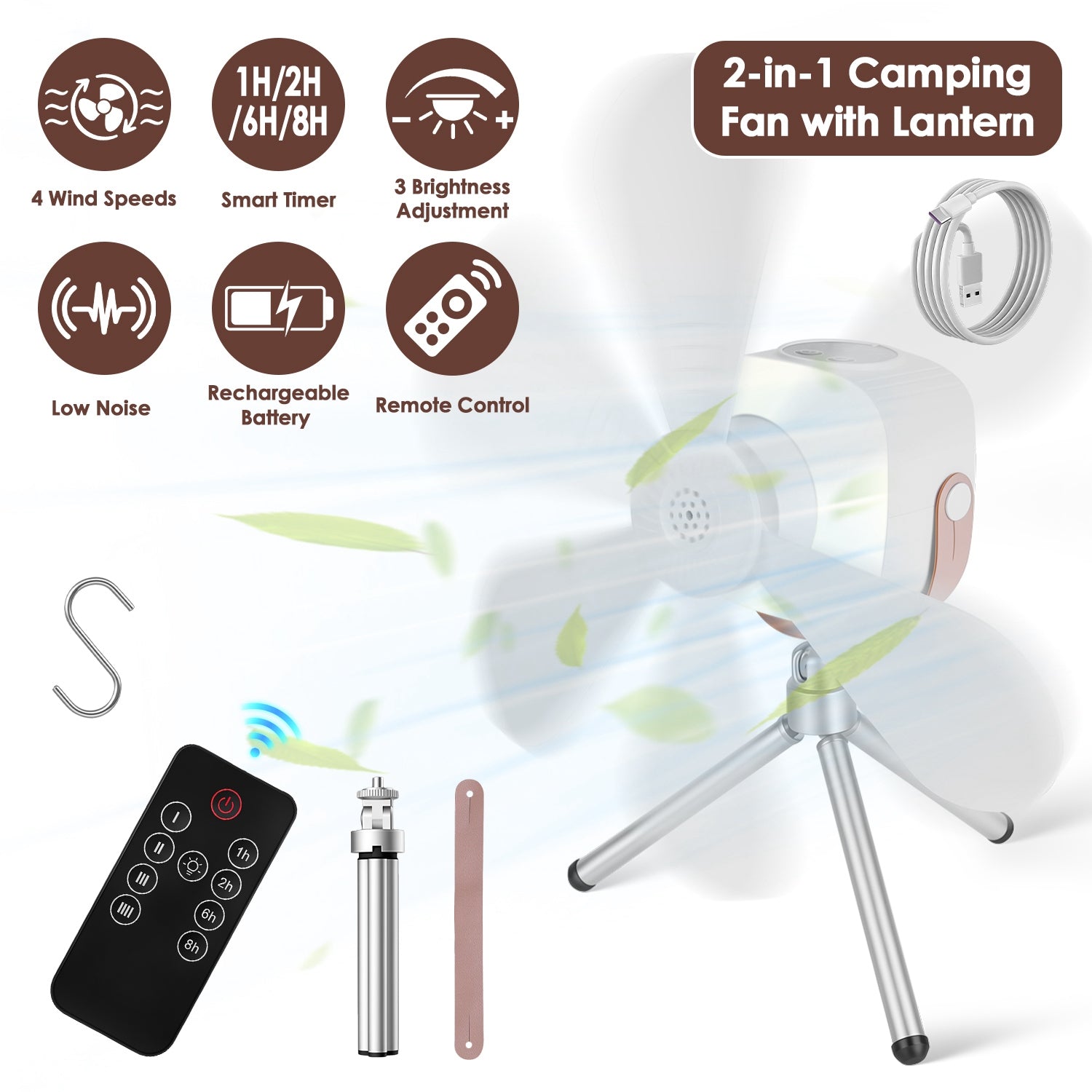 Rechargeable Tent Ceiling Fan with LED Light & Remote Control – 7200mAh