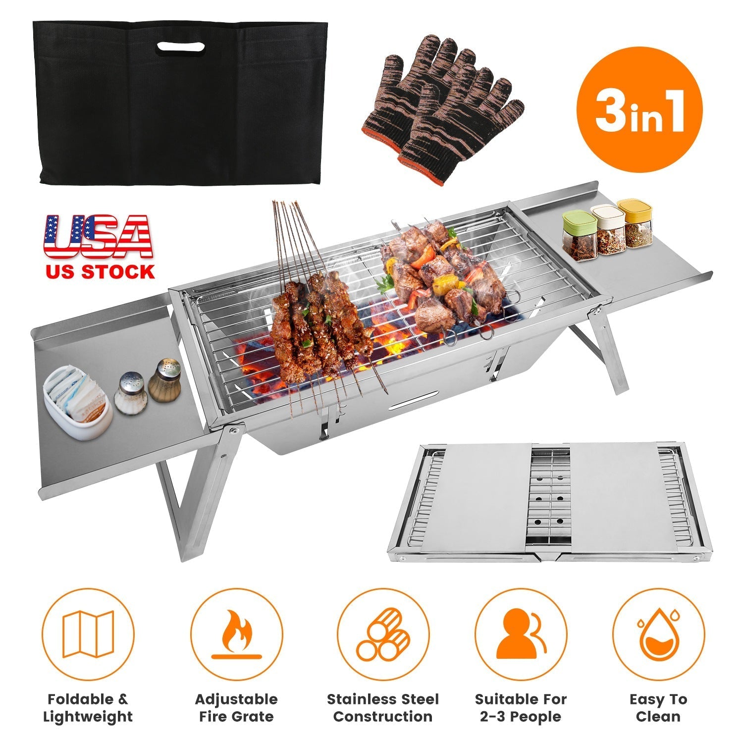 3-in-1 Foldable Charcoal Grill, Fire Pit & Slow Cooker – Portable Stainless Steel
