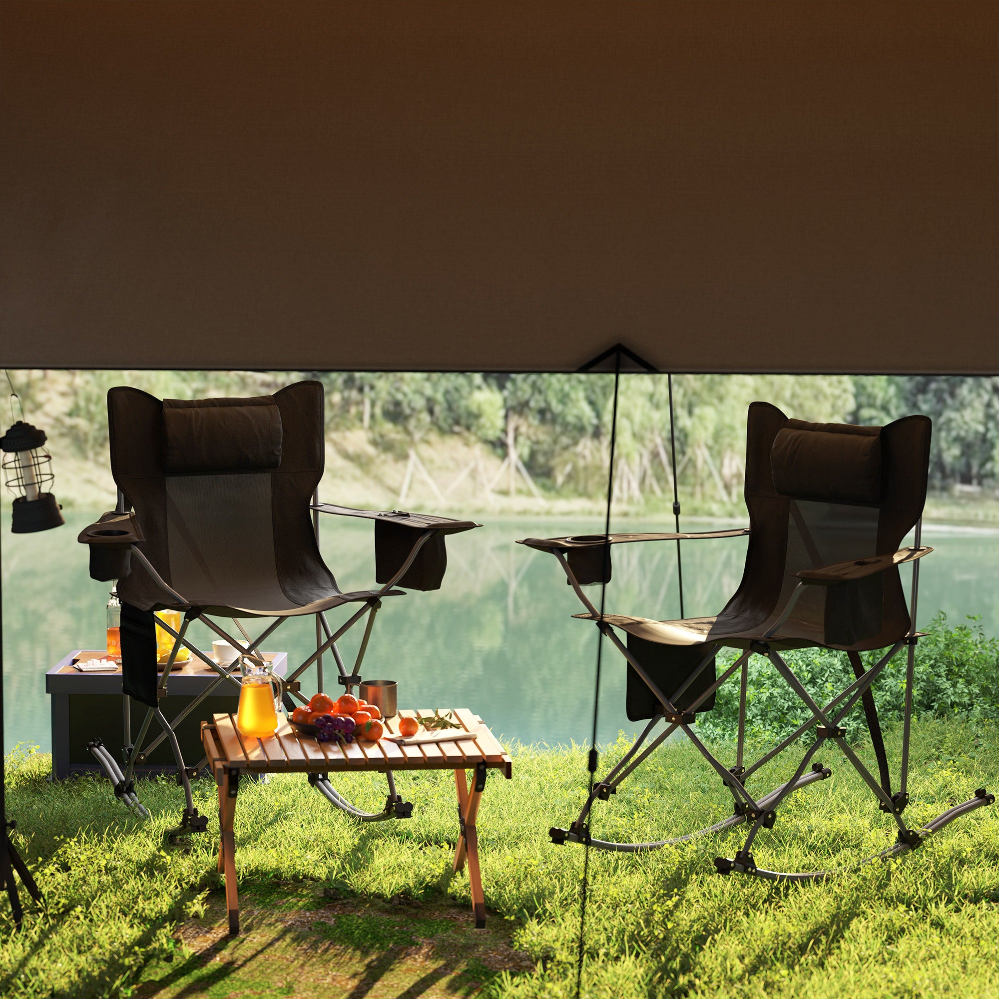 Folding Rocking Camping Chairs – 2 Pack with Headrest, Cooler & Cup Holder