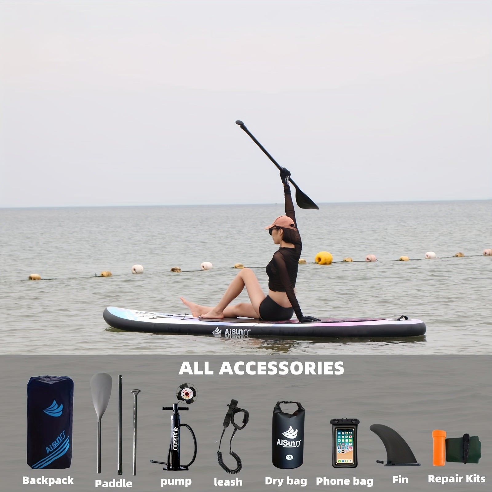 AISUNSS Inflatable SUP Paddle Board – Wide Adult Board with Accessories, Purple & Blue