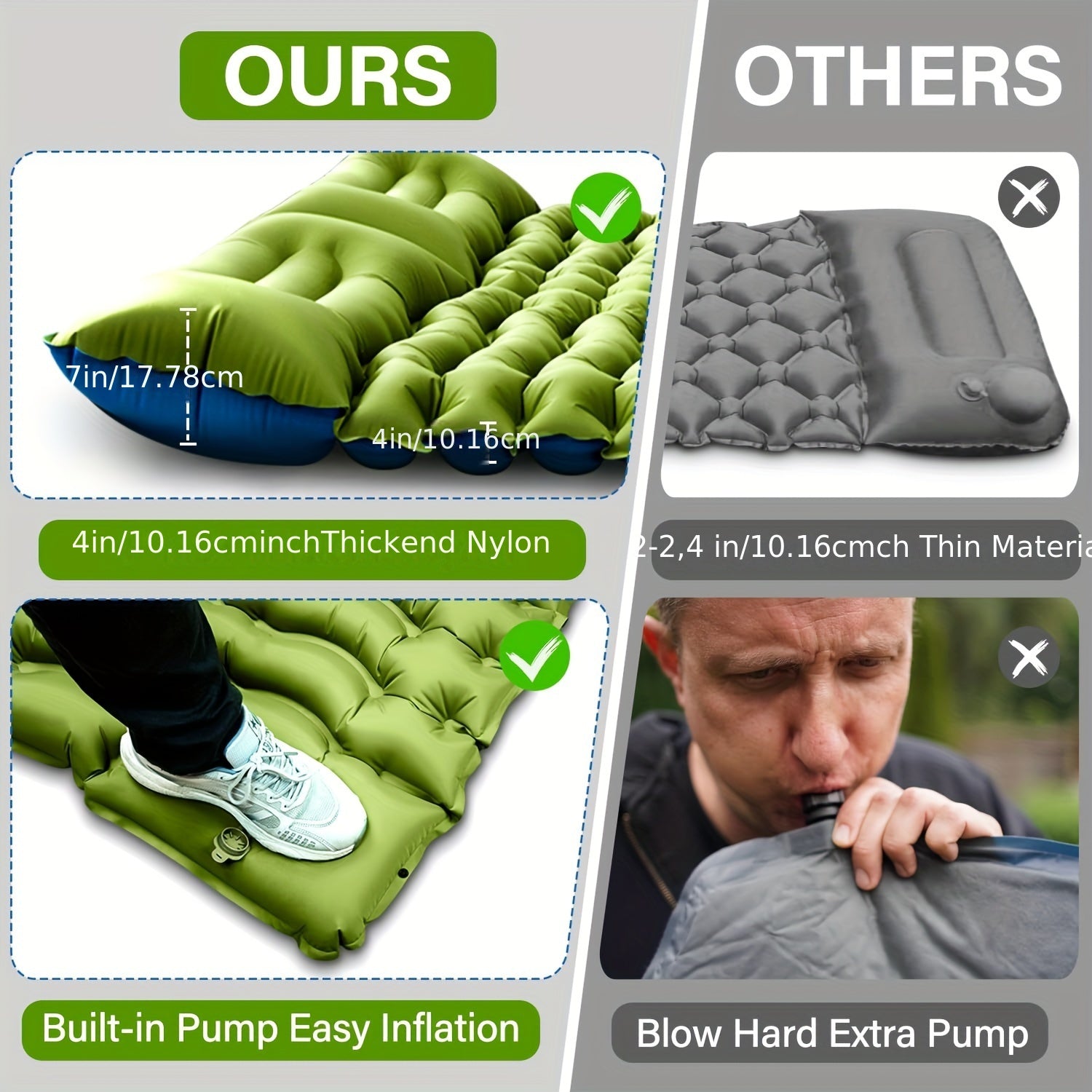 Extra-Thick Double Sleeping Pad – 4" Self-Inflating with Pillows & Foot Pump