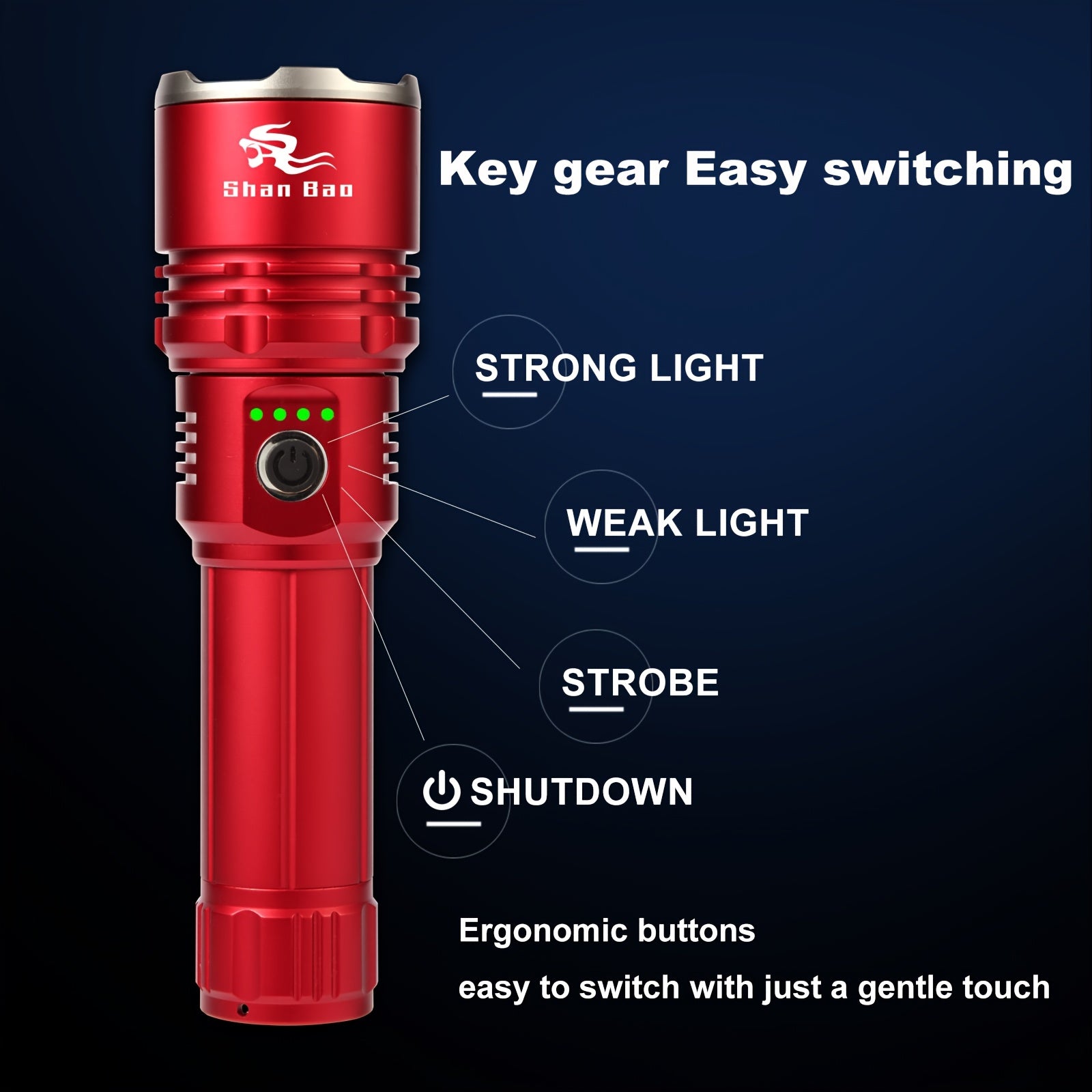 Shan Bao Red LED Flashlight – Rechargeable & Zoomable, 5000mAh