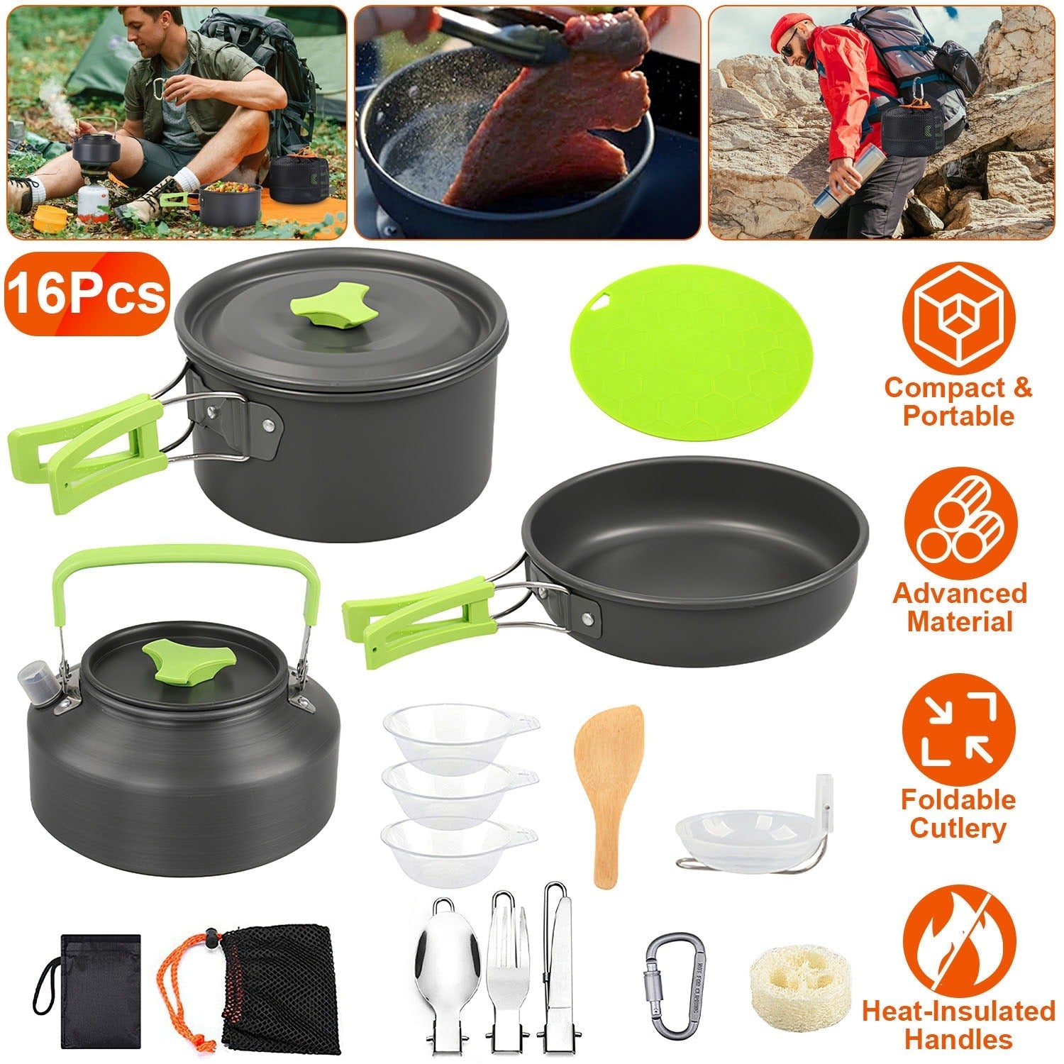 16-Piece Camping Cookware Set – Aluminum Pot, Pan, Kettle & Utensil Kit