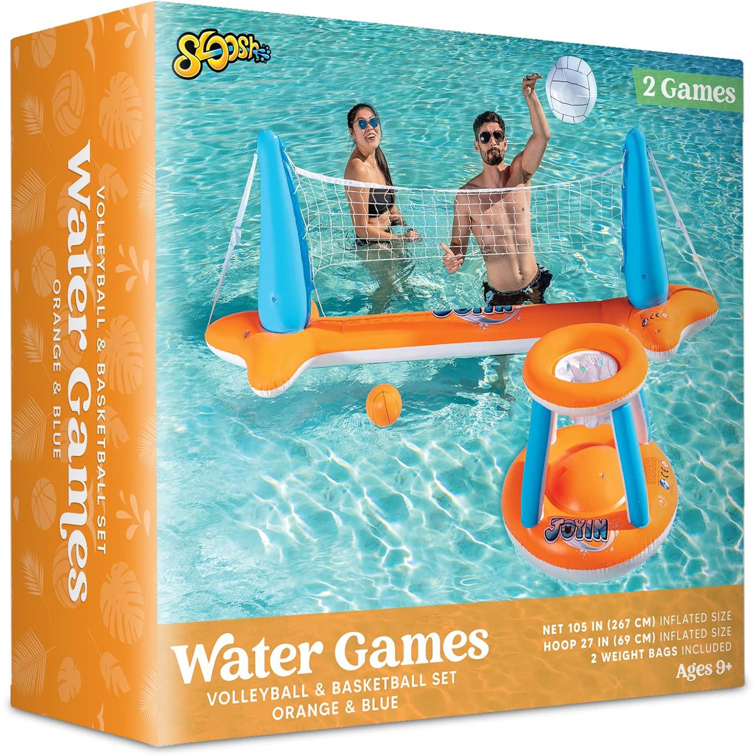 SYNCFUN Inflatable Pool Float – Volleyball Net & Basketball Hoops, L-Orange