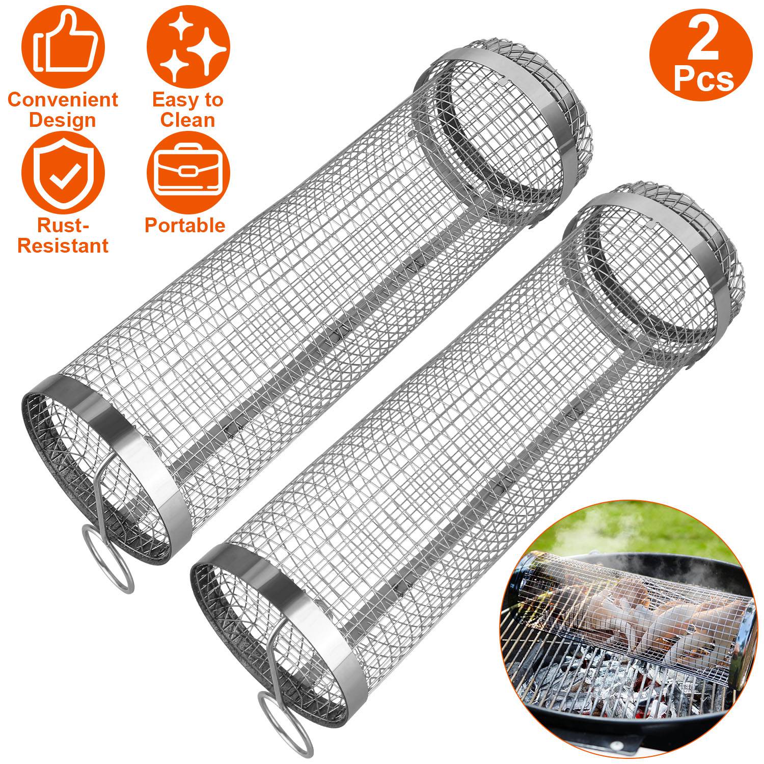 BBQ Rolling Basket – 2-Pack Stainless Steel Grill Mesh Tubes with Removable Cover