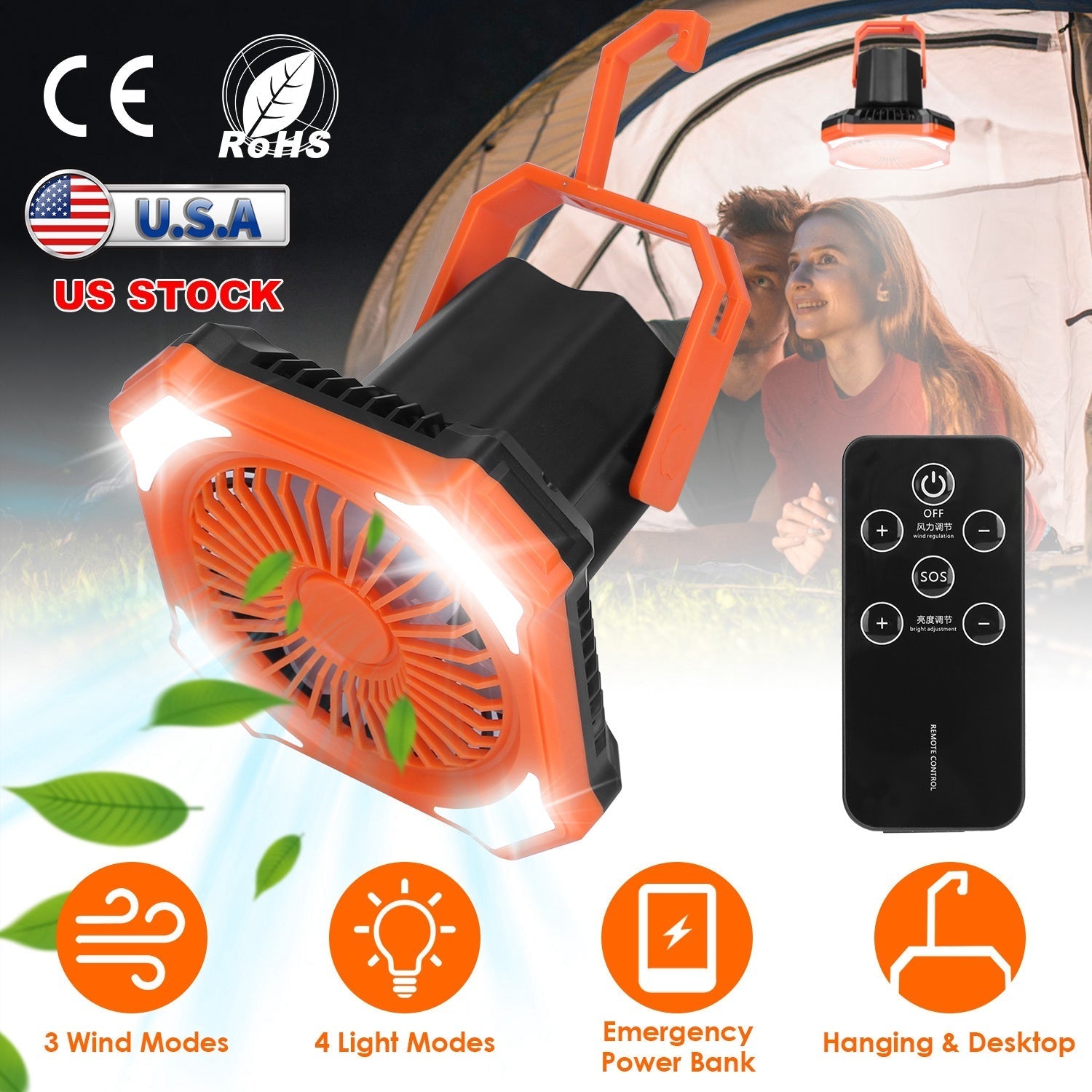 Portable Camping Lantern Fan – 10,000mAh, 4 Light Modes, Power Bank & Remote
