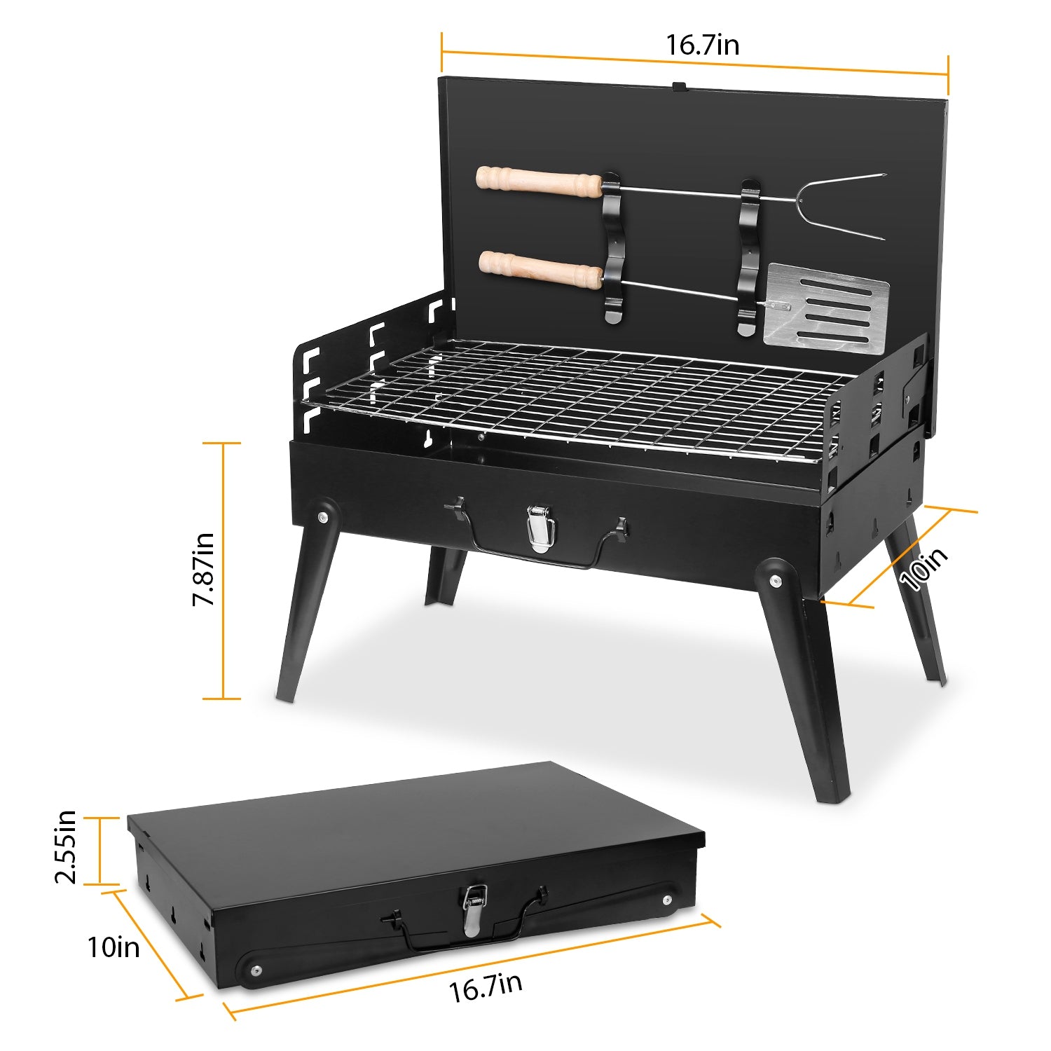 Portable Charcoal BBQ Suitcase Grill – Foldable with Shelf, 16.7" x 10" x 17.7"