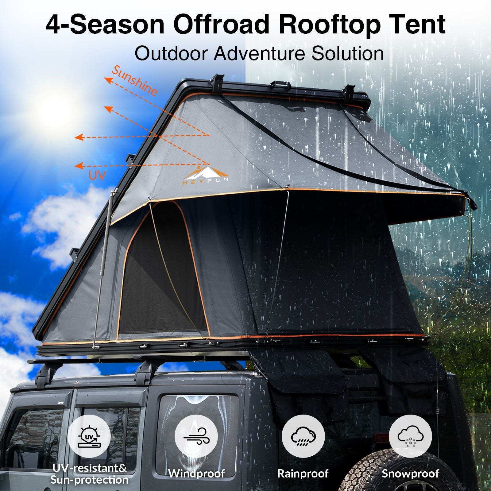 HEYFUN Adventurer Plus Hard Shell Roof Top Tent – 3-4 Person, 5-Second Setup, Side Awning & AC Outlet | 3 Colors