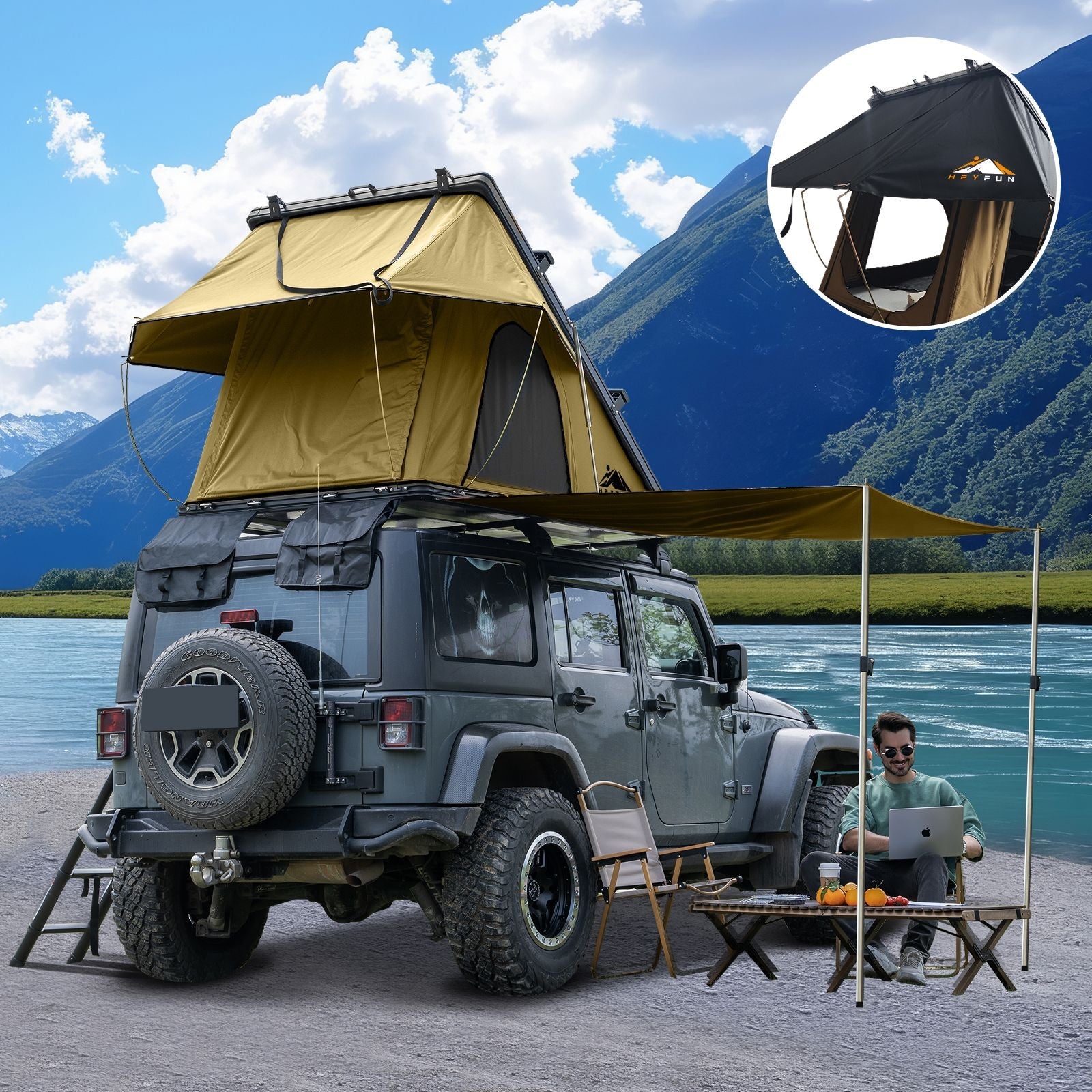 HEYFUN Adventurer Plus Hard Shell Roof Top Tent – 3-4 Person, 5-Second Setup, Side Awning & AC Outlet | 3 Colors