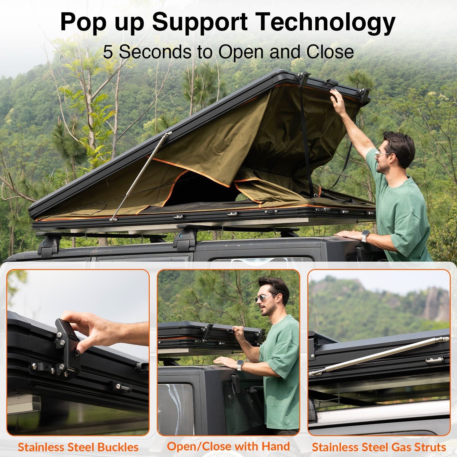 HEYFUN Adventurer Plus Hard Shell Roof Top Tent – 3-4 Person, 5-Second Setup, Side Awning & AC Outlet | 3 Colors