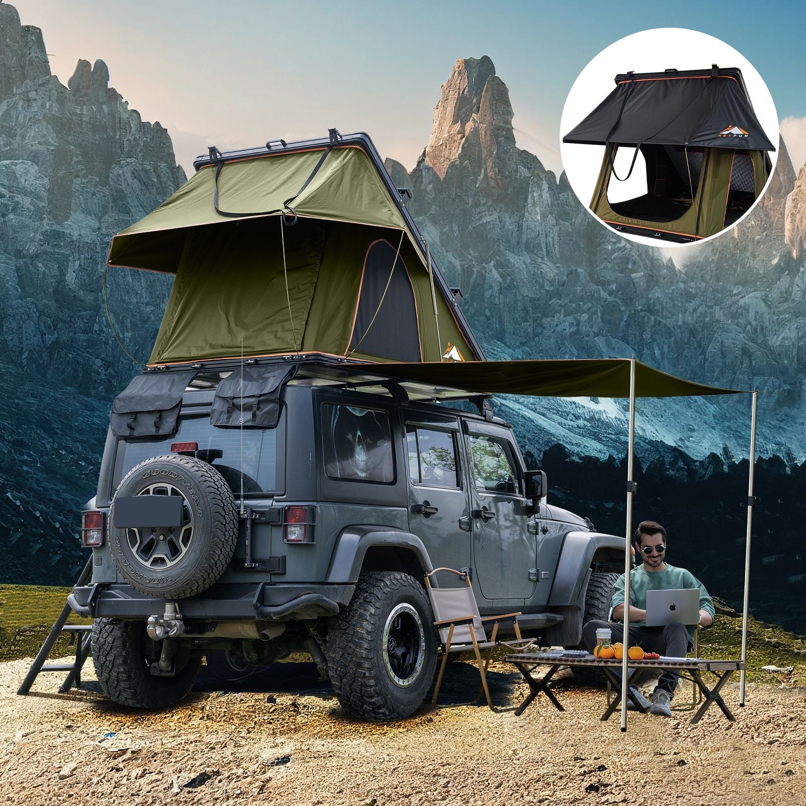 HEYFUN Adventurer Plus Hard Shell Roof Top Tent – 3-4 Person, 5-Second Setup, Side Awning & AC Outlet | 3 Colors