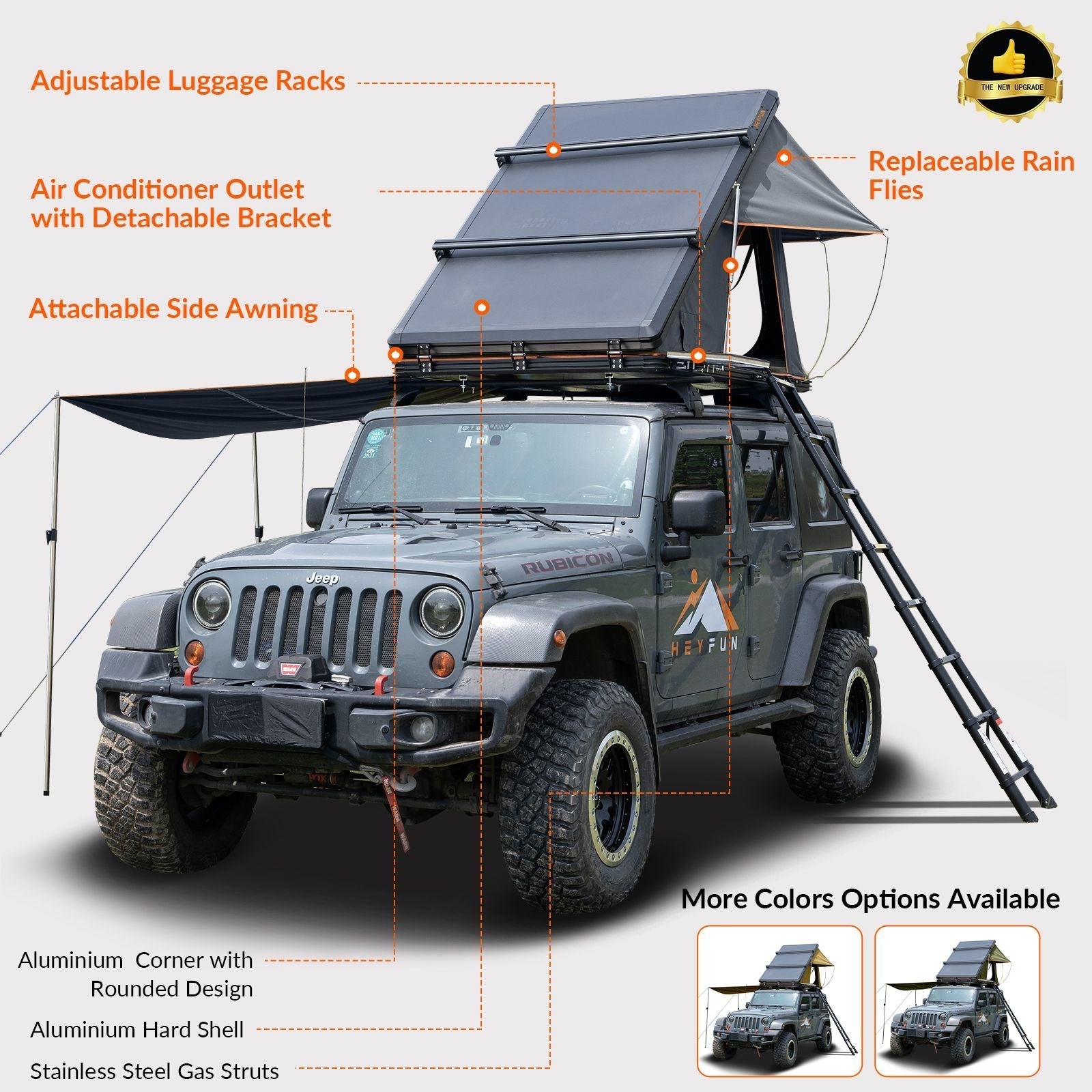 HEYFUN Adventurer Plus Hard Shell Roof Top Tent – 3-4 Person, 5-Second Setup, Side Awning & AC Outlet | 3 Colors