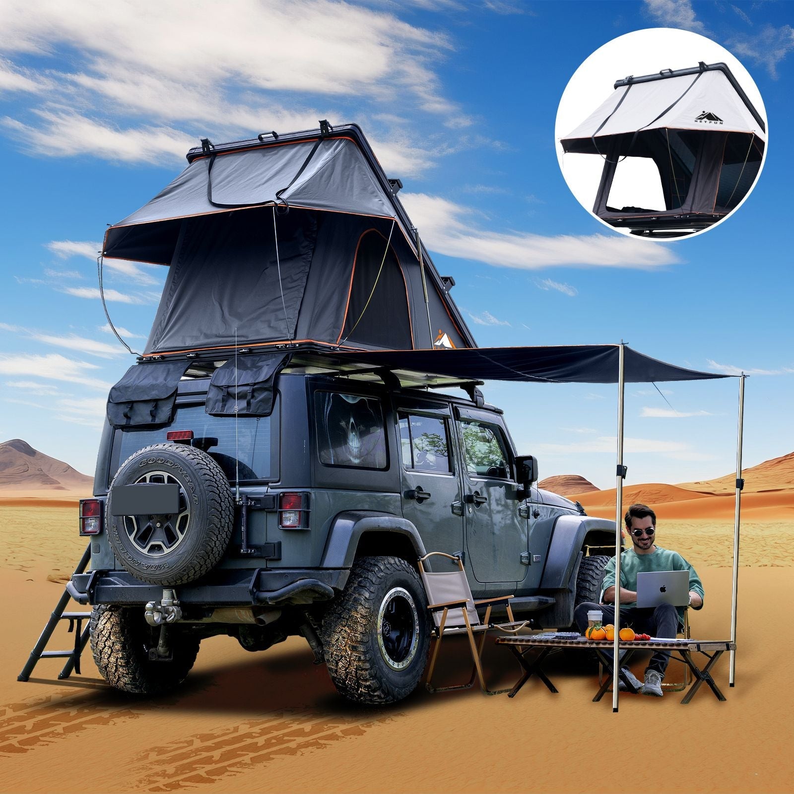 HEYFUN Adventurer Plus Hard Shell Roof Top Tent – 3-4 Person, 5-Second Setup, Side Awning & AC Outlet | 3 Colors