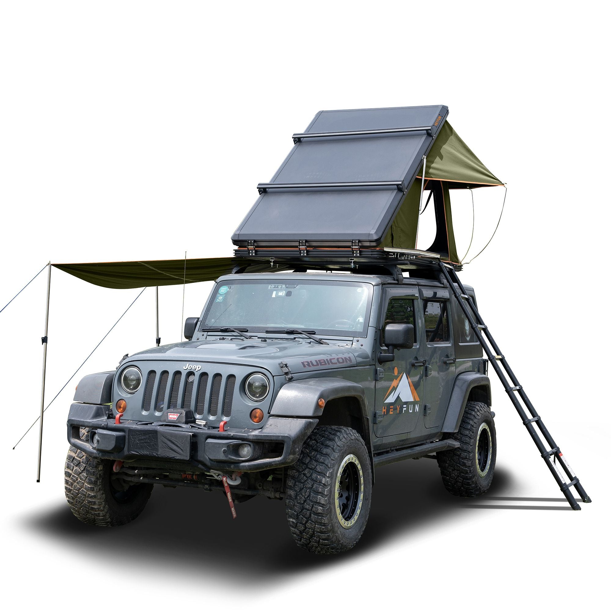 HEYFUN Adventurer Plus Hard Shell Roof Top Tent – 3-4 Person, 5-Second Setup, Side Awning & AC Outlet | 3 Colors