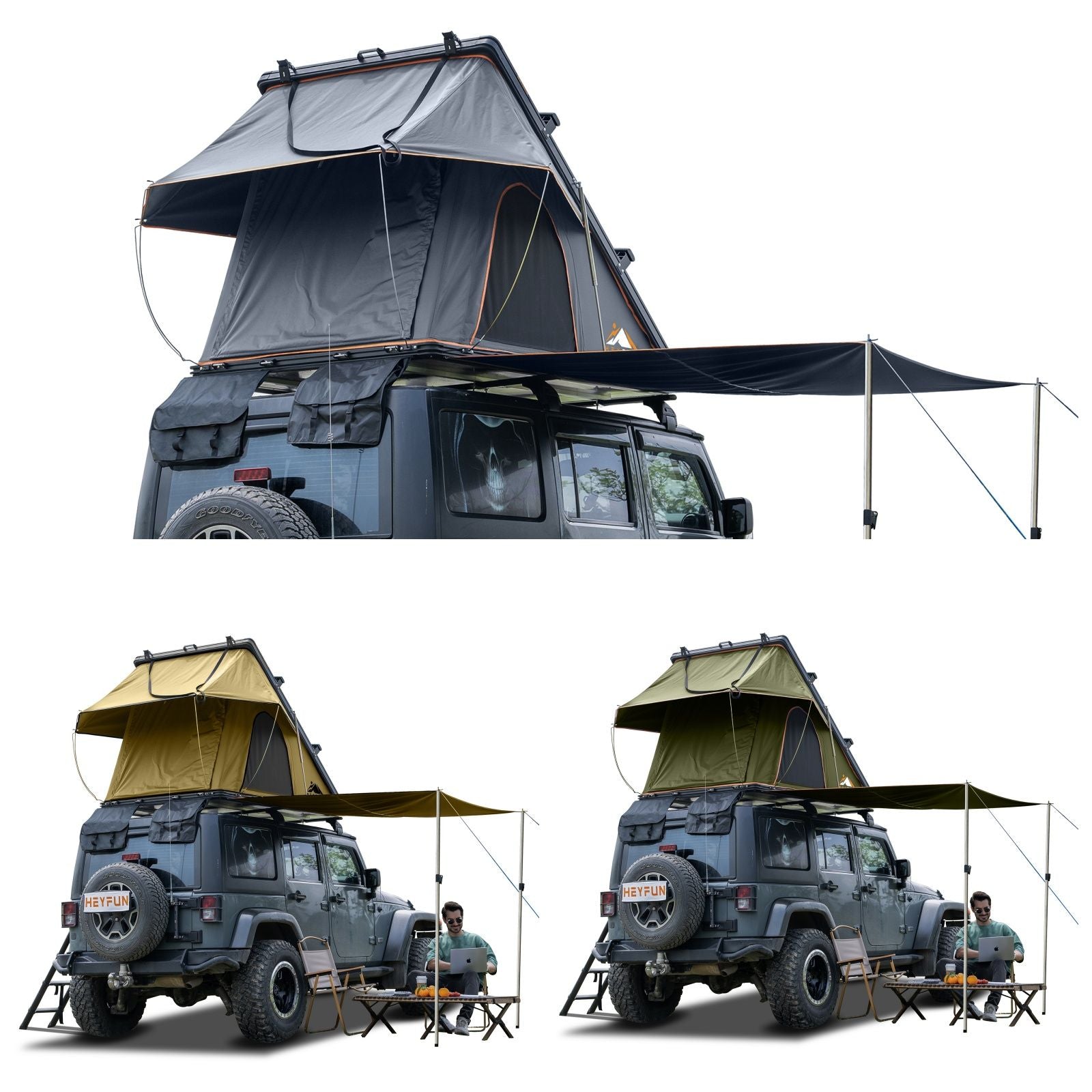 HEYFUN Adventurer Plus Hard Shell Roof Top Tent – 3-4 Person, 5-Second Setup, Side Awning & AC Outlet | 3 Colors