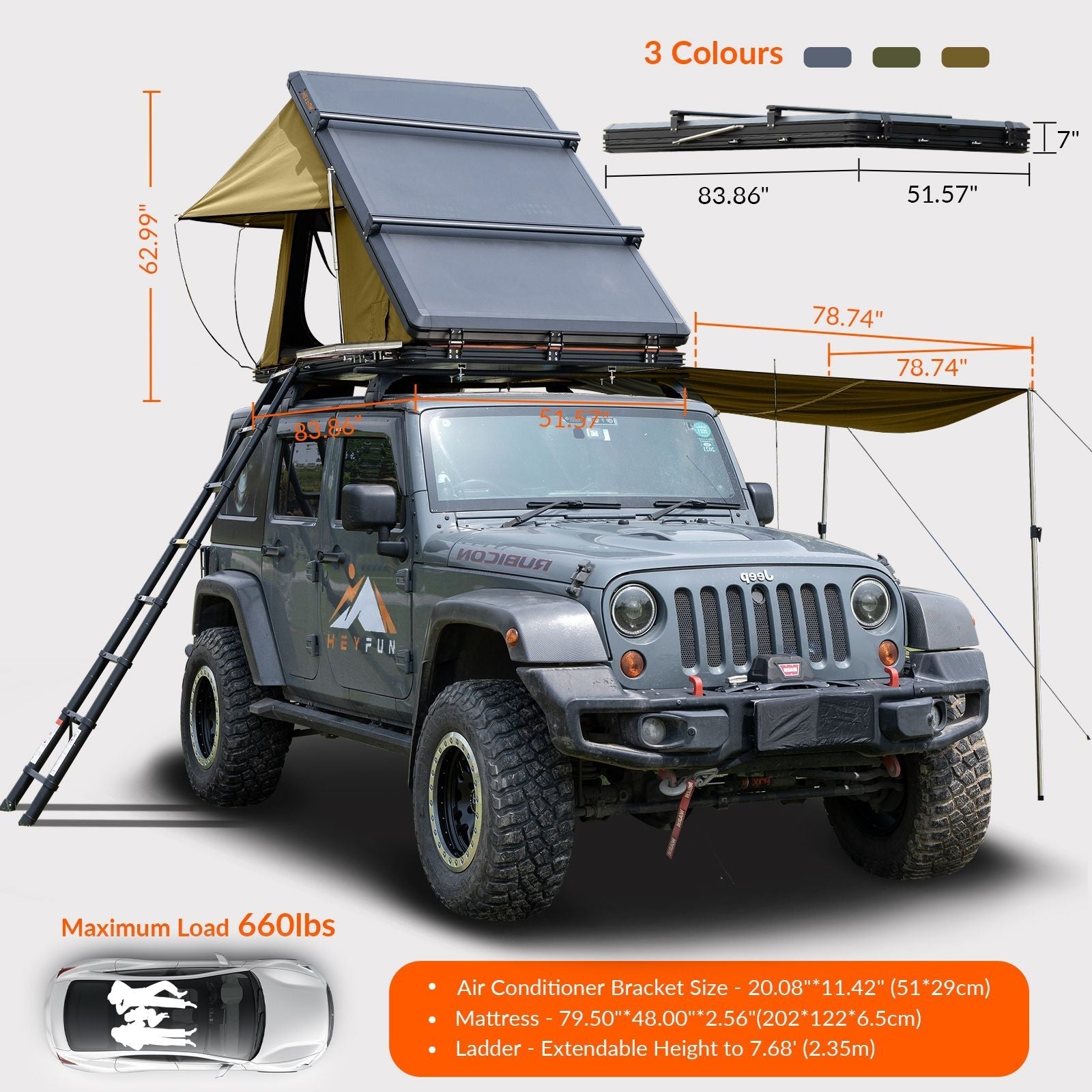 HEYFUN Adventurer Plus Hard Shell Roof Top Tent – 3-4 Person, 5-Second Setup, Side Awning & AC Outlet | 3 Colors