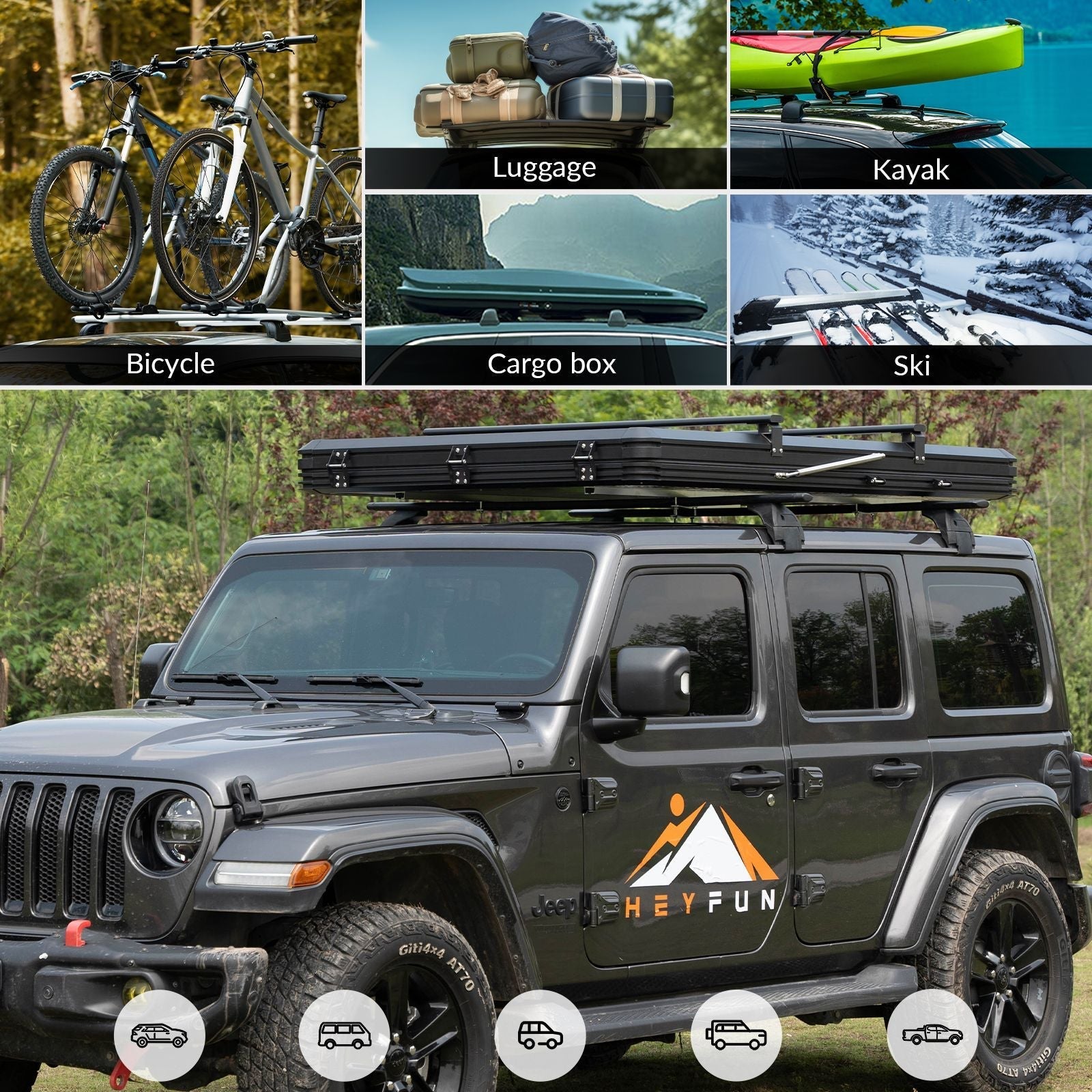 HEYFUN Adventurer Plus Hard Shell Roof Top Tent – 3-4 Person, 5-Second Setup, Side Awning & AC Outlet | 3 Colors