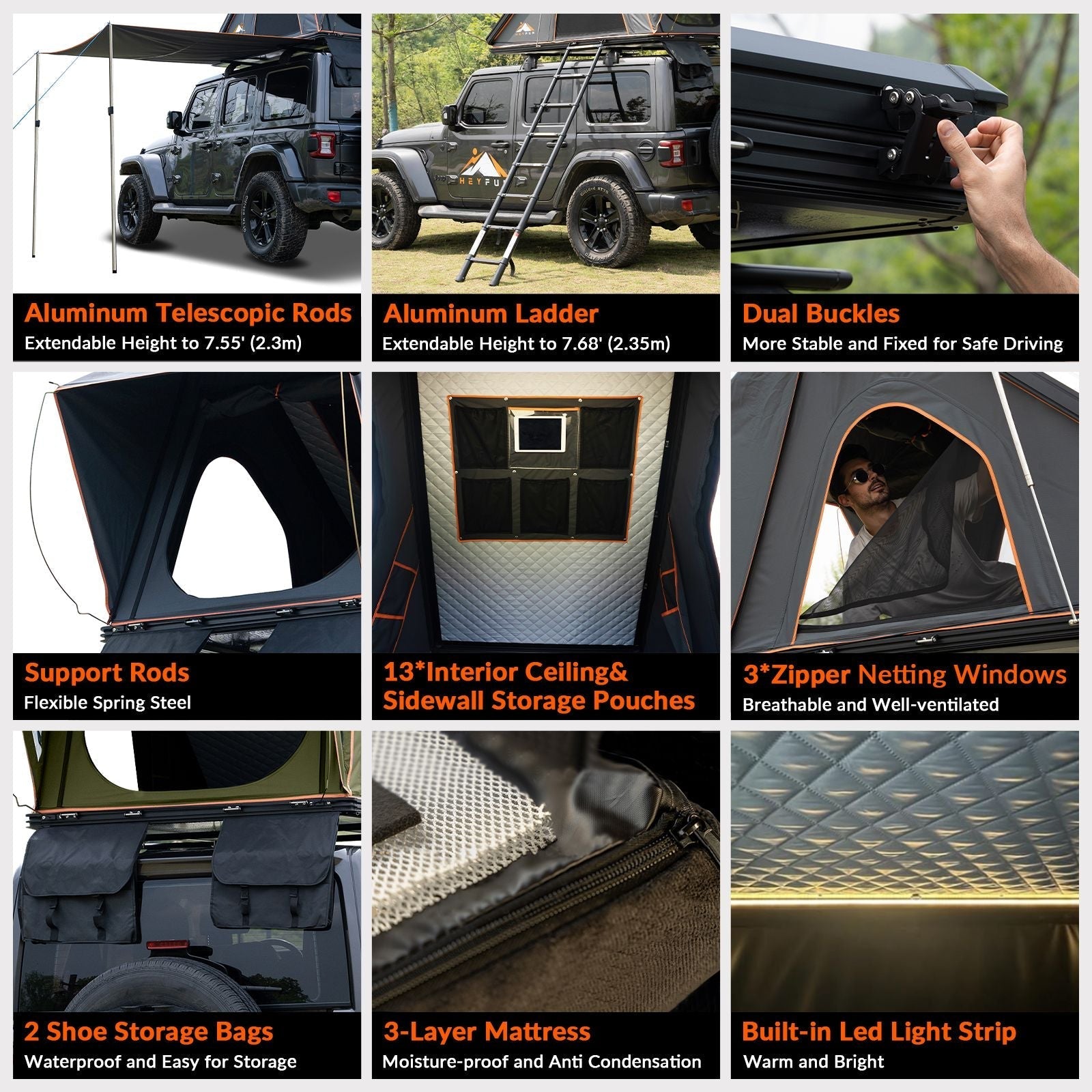 HEYFUN Adventurer Plus Hard Shell Roof Top Tent – 3-4 Person, 5-Second Setup, Side Awning & AC Outlet | 3 Colors