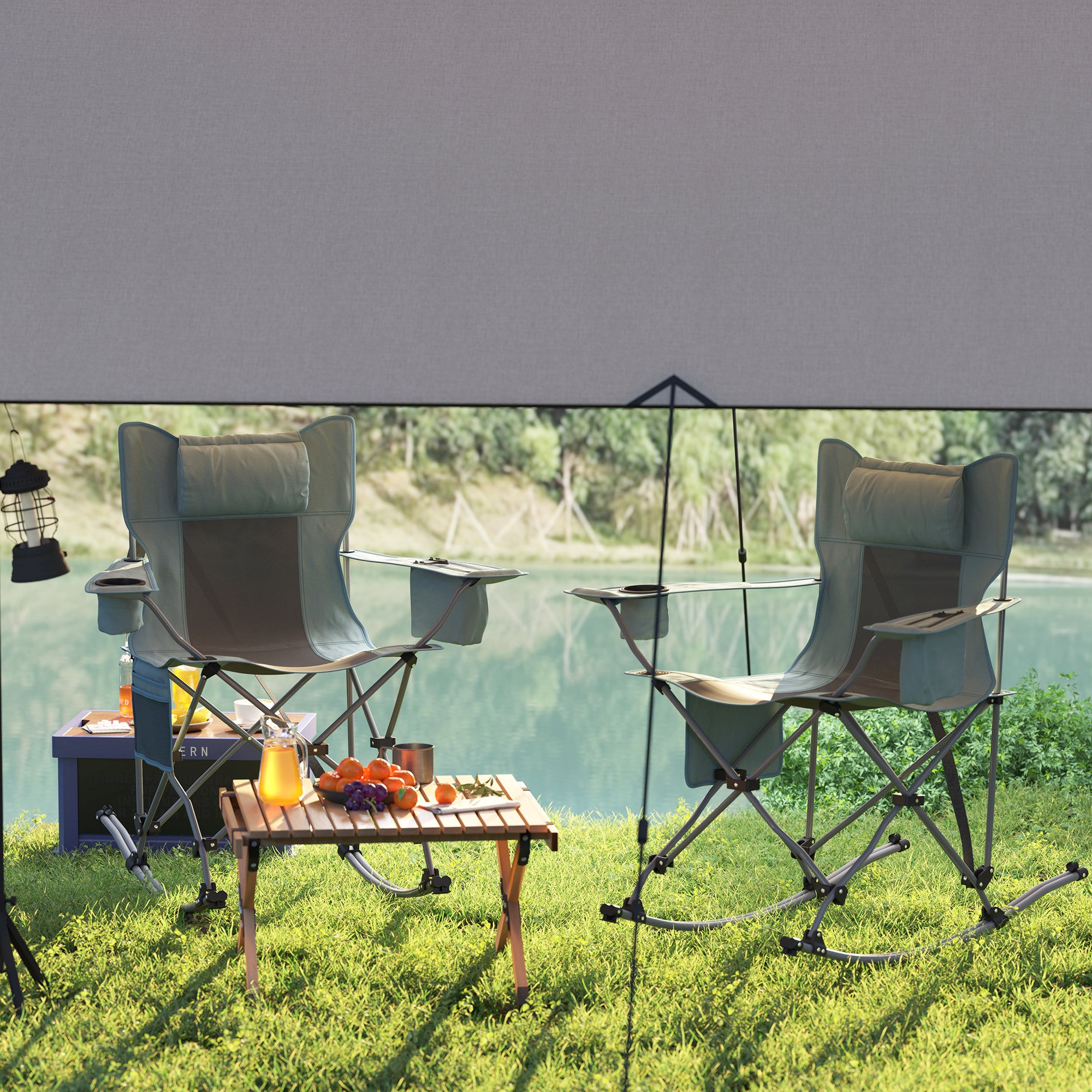 Folding Rocking Camping Chairs – 2 Pack with Headrest, Cooler & Cup Holder