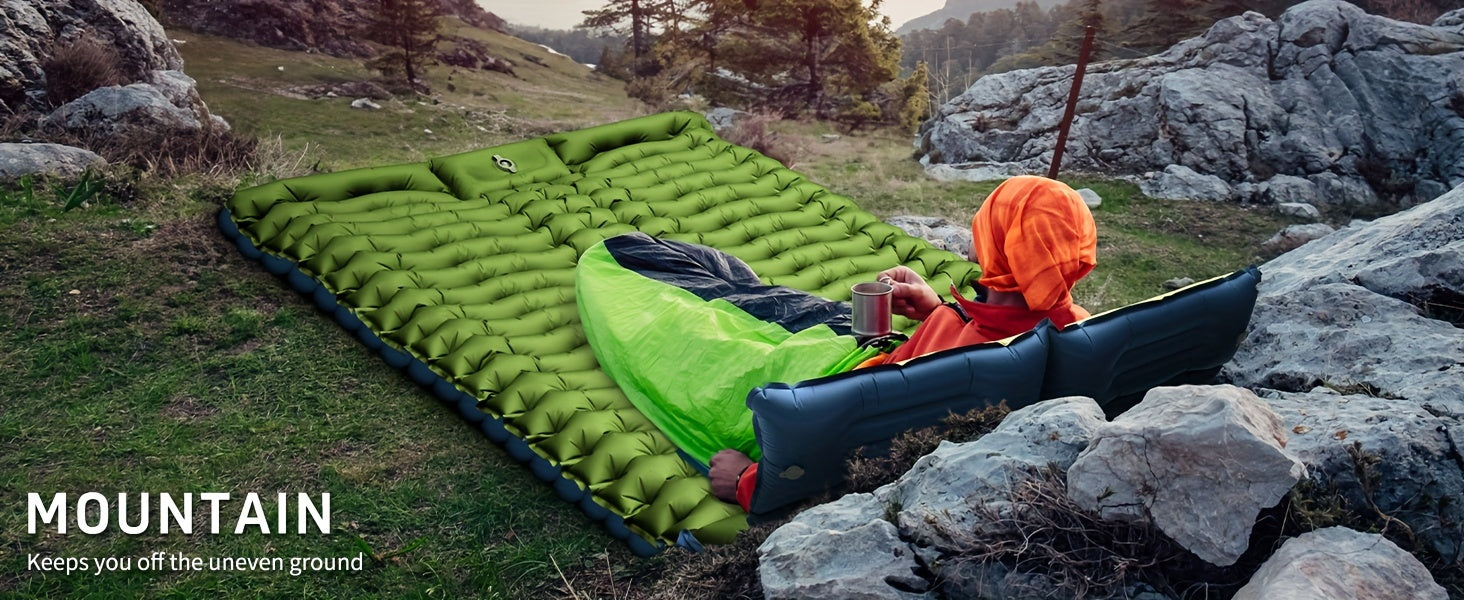 Extra-Thick Double Sleeping Pad – 4" Self-Inflating with Pillows & Foot Pump