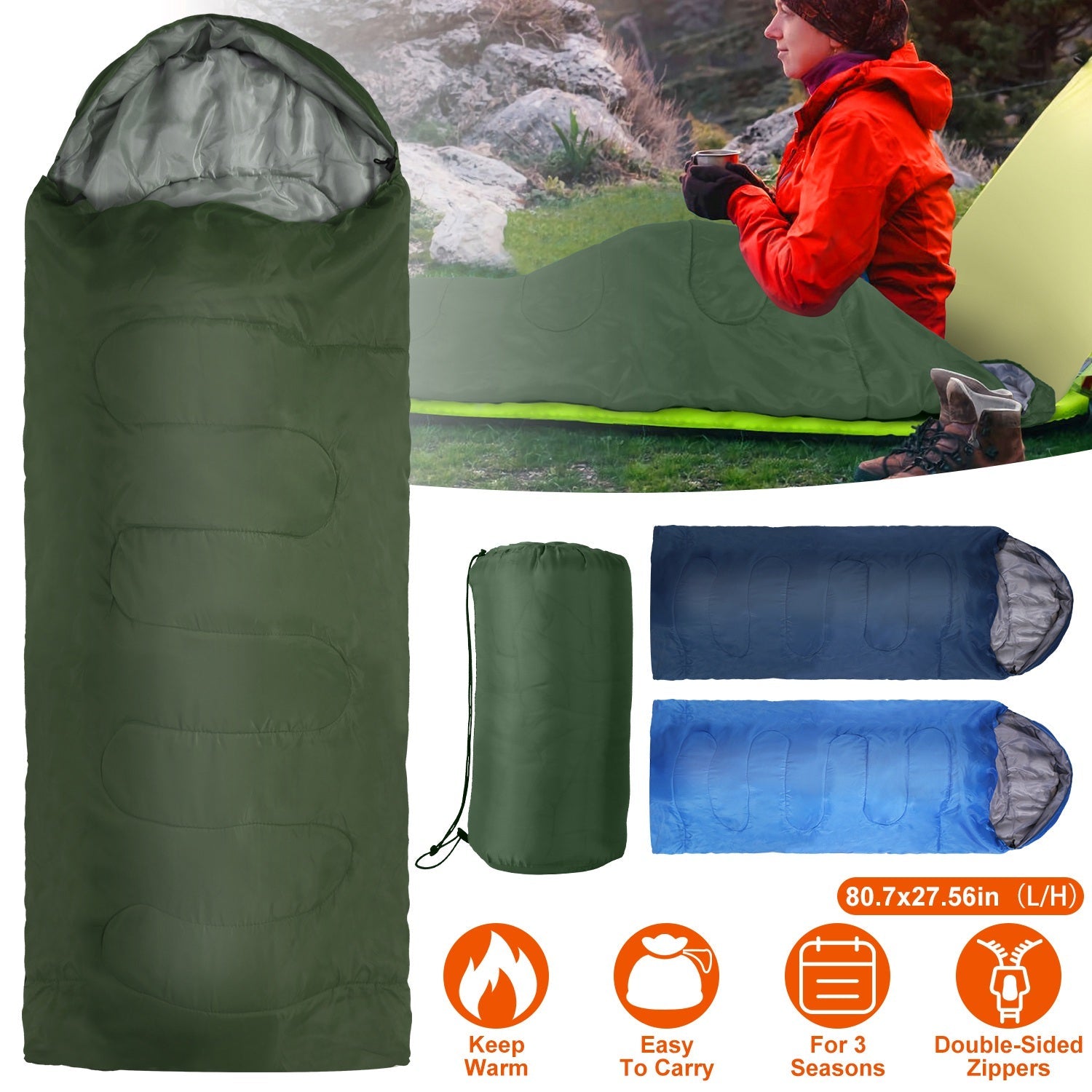 3-Season Sleeping Bag – Lightweight & Moisture-Proof, 32°F–50°F Rated